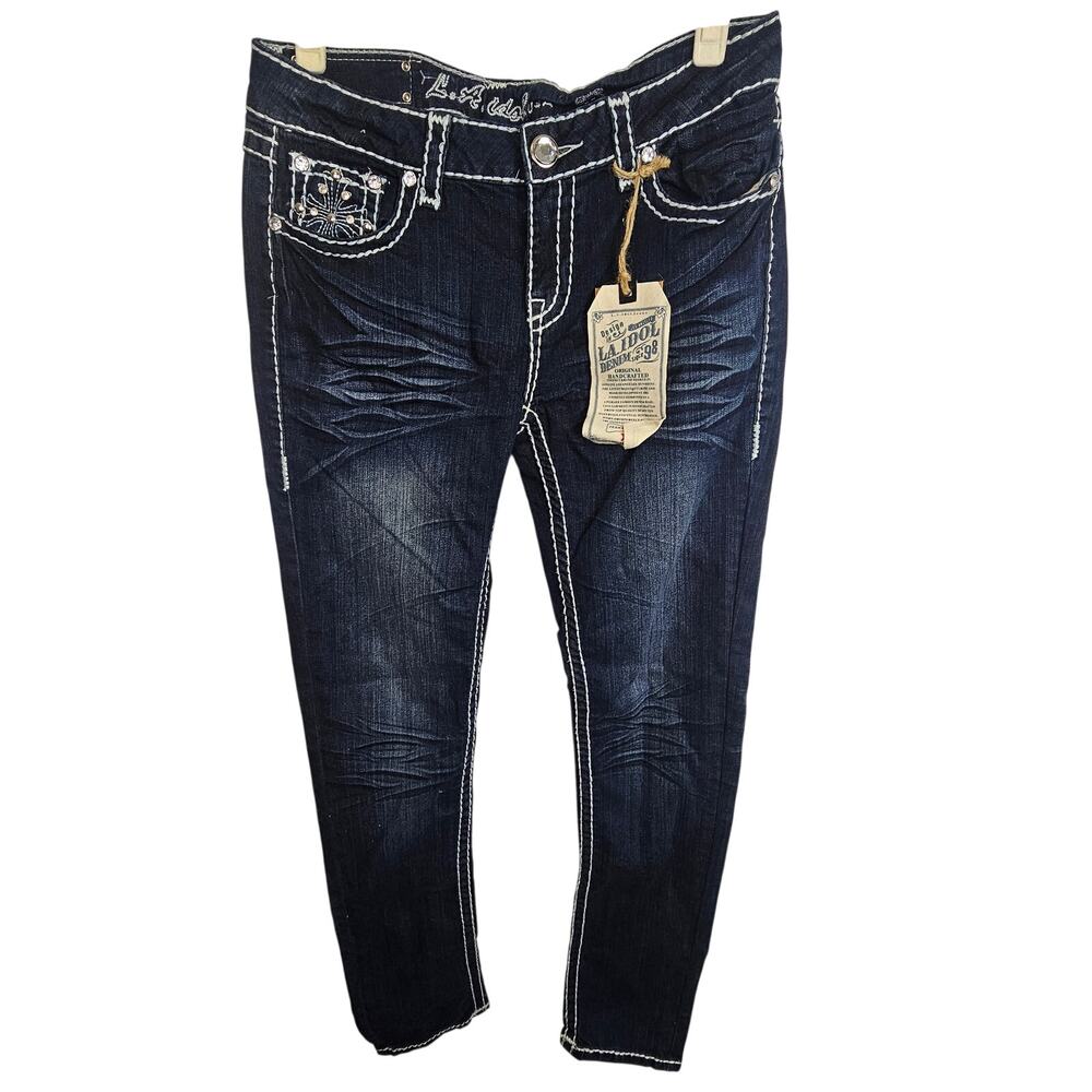 LA Idol Womens Rhinestone Embellished Jeans Size 11 Western Grunge Preppy Denim